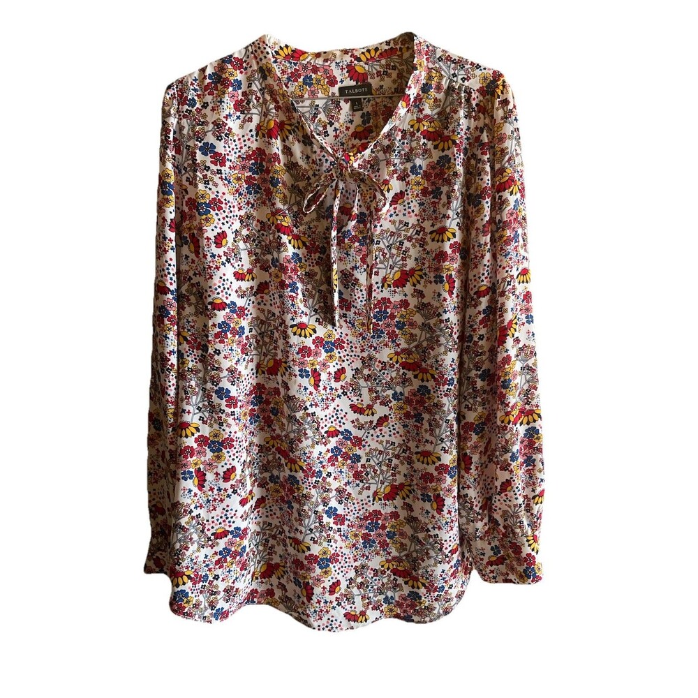 Talbots Blouse Women’s Colorful Floral Print Long Sleeve Front Tie Large
